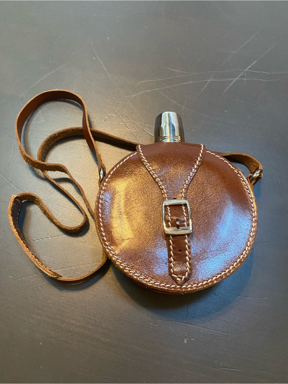 Stainless Steel Round Canteen Flask with Brown Leather Carrying Case & Strap